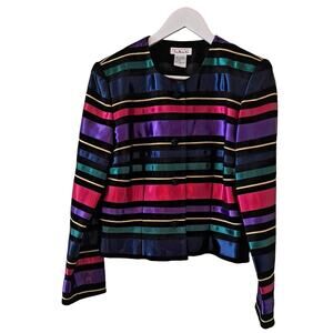 Talbots Black Multicolored Stripes Crew Neck Long Sleeve Polyester Jacket - 8
